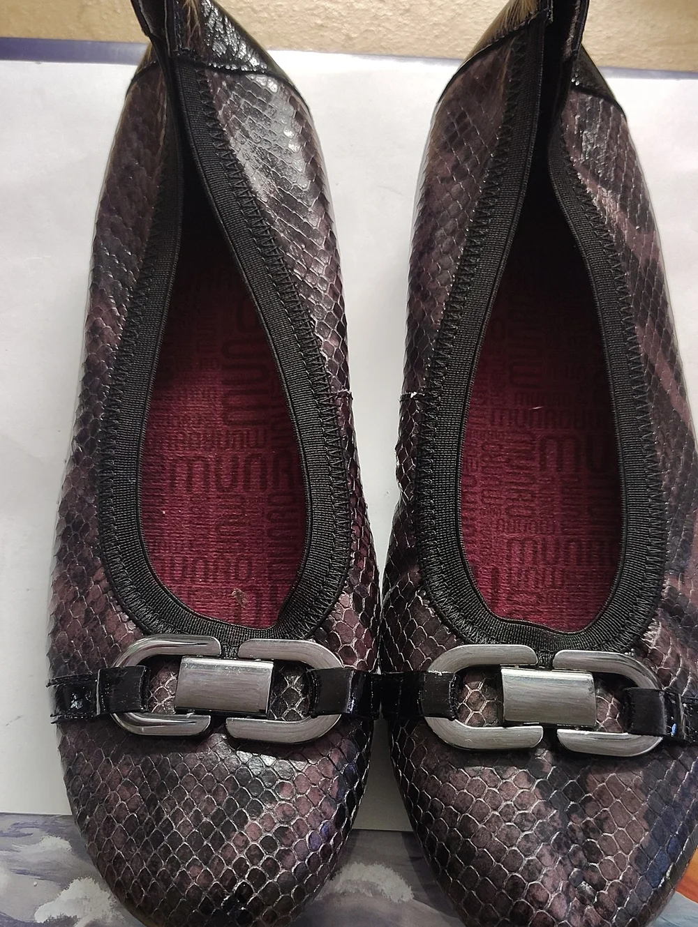 Munro Dark Plum Snake-Embossed Ballet Flats with Silver Chain